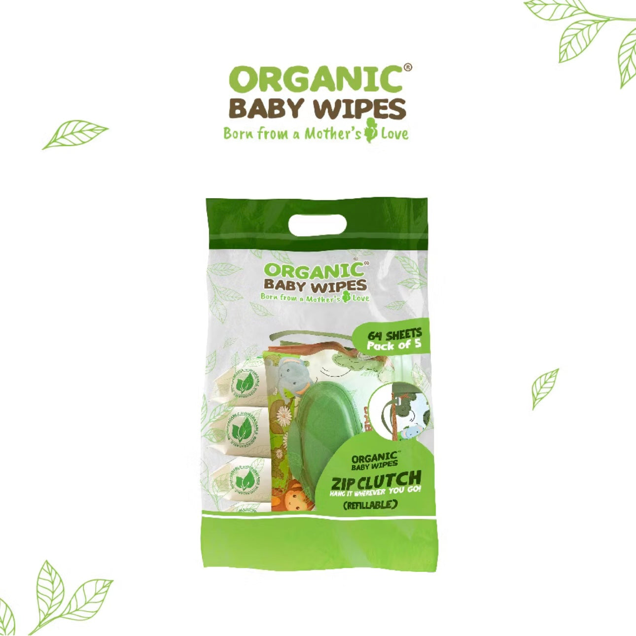 Organic Baby Wipes Eco Pack 5x64s with Zip Clutch Reusable Pouch