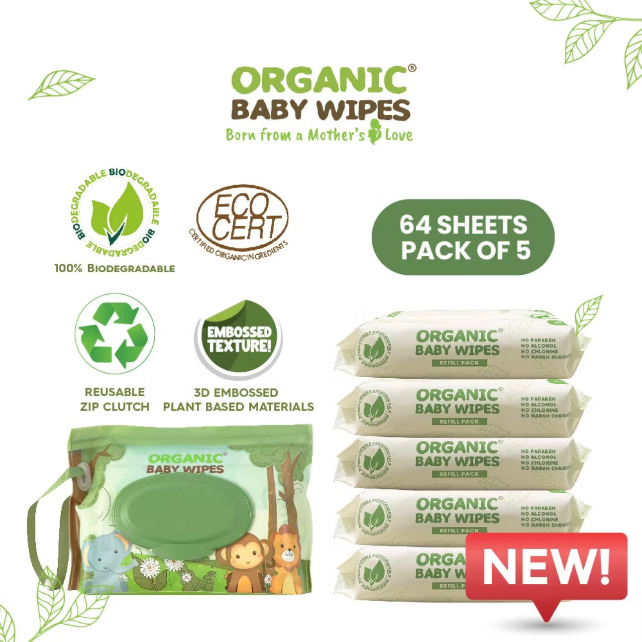 Organic Baby Wipes Eco Pack 5x64s with Zip Clutch Reusable Pouch