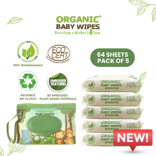 Organic Baby Wipes Eco Pack 5x64s with Zip Clutch Reusable Pouch