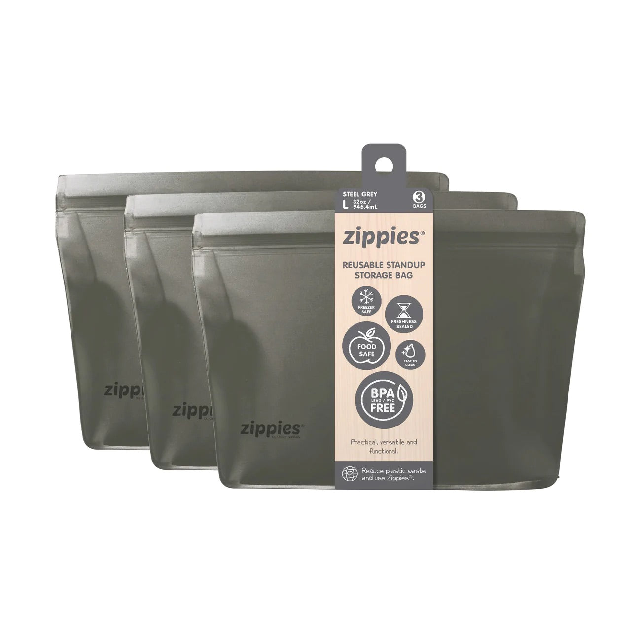 Zippes  Reusable Standup Storage Bags - Steel Grey